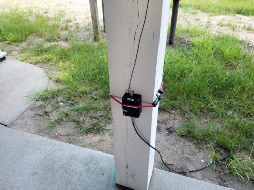 This is a homebrew 9:1 unun at the feedpoint of my antenna. The wire went up vertically about 23-feet before extending out horizontally to the Jackite pole.