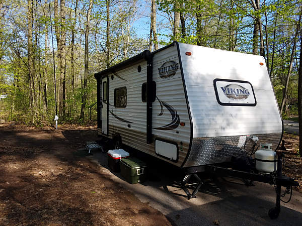 The WB3GCK QRP Camper at French Creek State Park. If you look closely, you can see my vertical antenna back along the tree line.