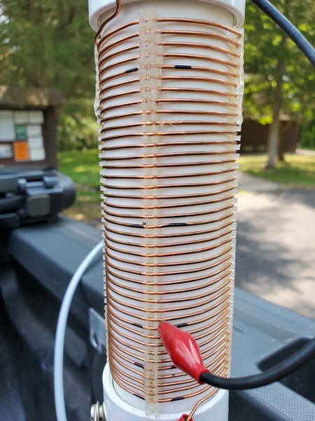 My homebrew loading coil. If you look closely, you can see the marks I added. As shown, the coil is tapped for the 30M band.