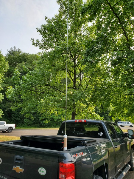 My homebrew coil and 12-foot whip mounted on the back of my truck.