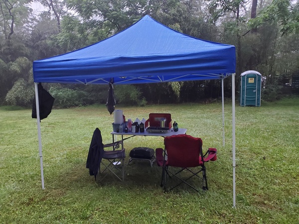 Our common food prep area gave us a place to hang out during the rain.