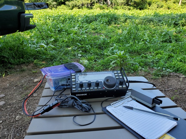 My KX3. The food container behind the radio houses a LiFePO4 battery.
