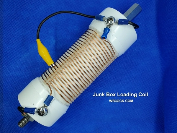 Completed loading coil. Used with a 12-foot telescopic whip, it tunes from 40M through 17M.