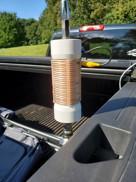 This is the completed loading coil installed on my truck for a POTA activation.